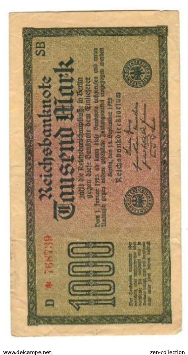 COLOR WW2 Germany Nazi Propaganda FORGERY Overprint On Genuine 1000 Mark 1923 Banknote VF- - Other & Unclassified