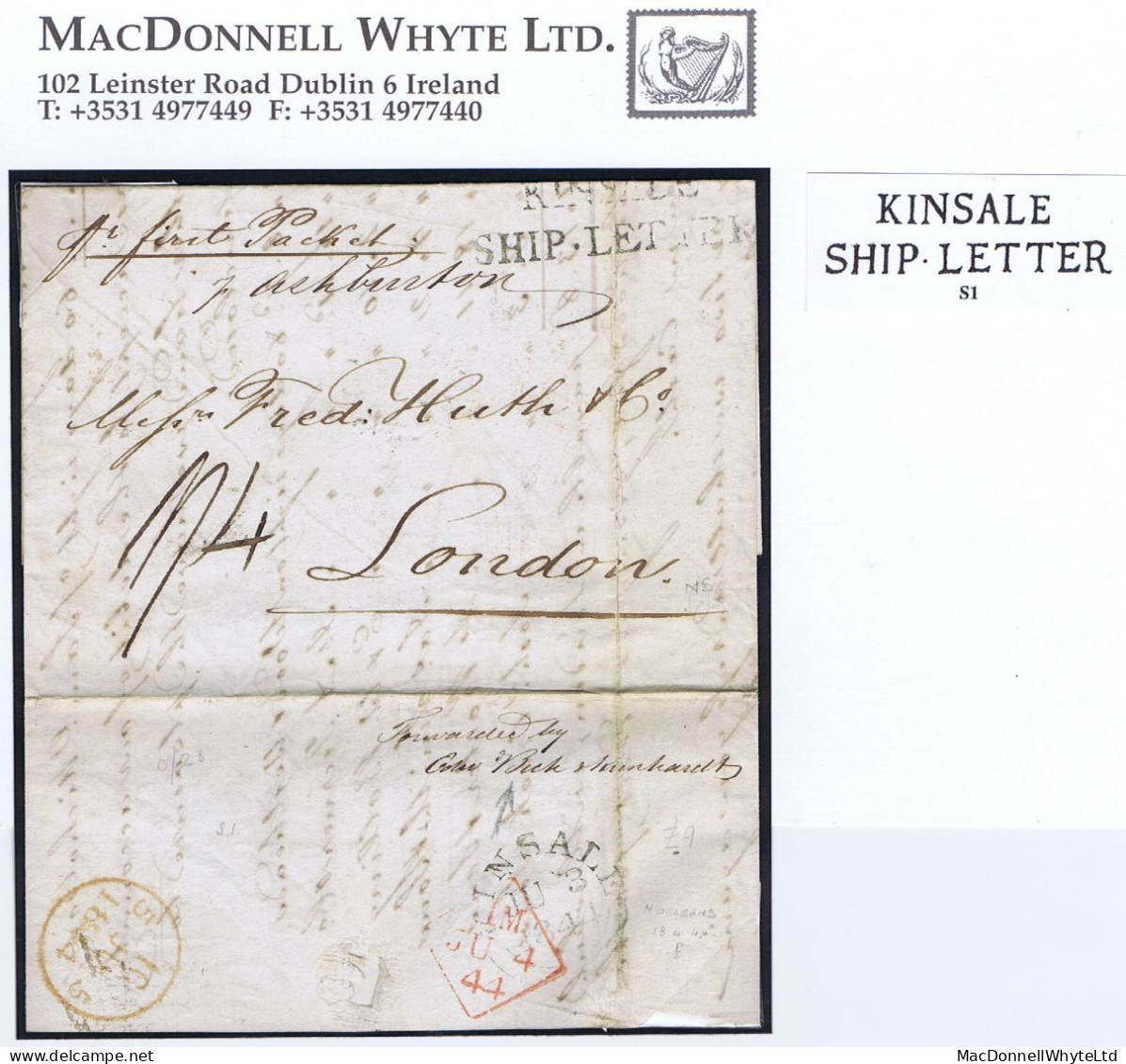 Ireland Cork Maritime 1844 Letter To London With KINSALE/SHIP LETTER, Ms "Forwarded By Coles, Bick & Reinhardt" - Préphilatélie