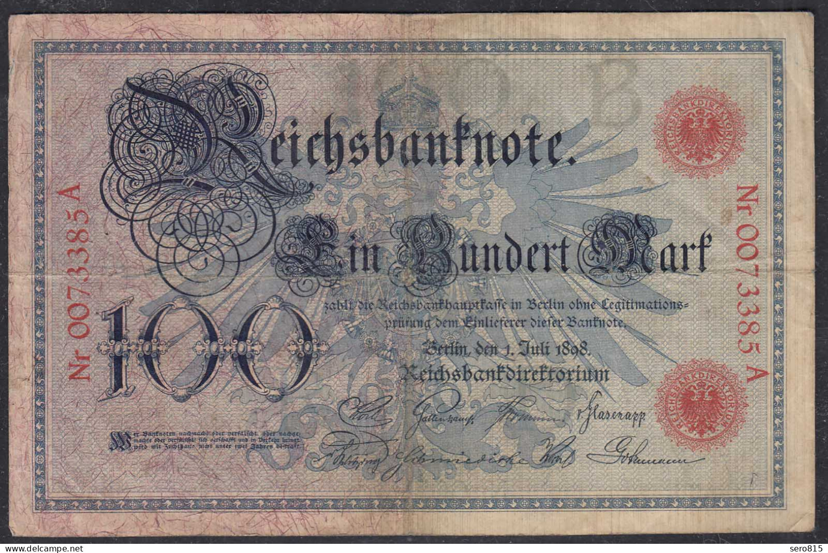 Reichsbanknote 100 Mark 1903 UDR T Serie C Ro 20 Pick 22 F (4)   (28273 - Andere & Zonder Classificatie