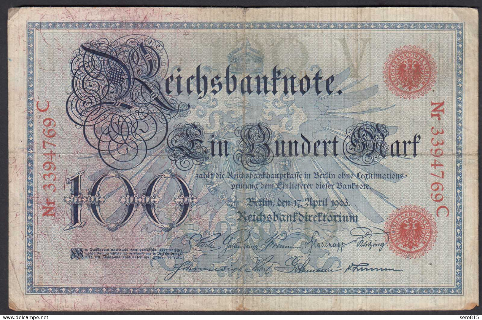 Reichsbanknote 100 Mark 1903 UDR V Serie C Ro 20 Pick 22 F (4)   (28276 - Sonstige & Ohne Zuordnung