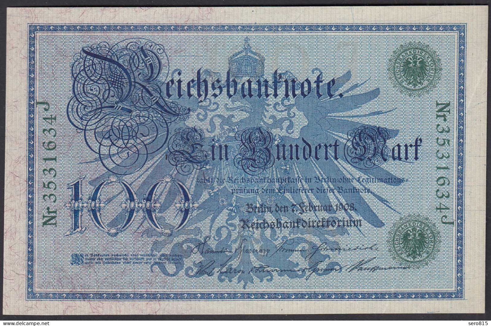 Reichsbanknote 100 Mark 1908 UDR J Serie J Ro 34 XF+ (2+)   (28336 - Other & Unclassified