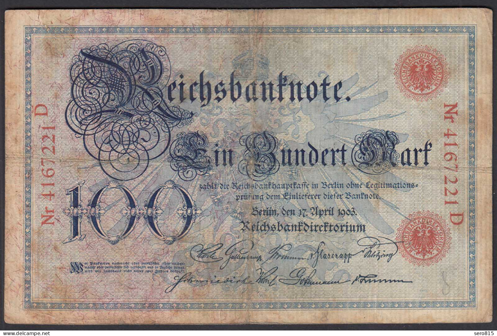 Reichsbanknote 100 Mark 1903 UDR G Serie D Ro 20 Pick 22 F (4)     (28279 - Andere & Zonder Classificatie
