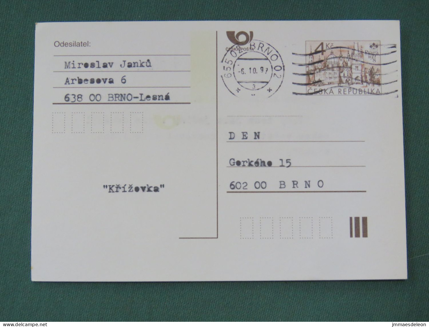 Czech Republic 1997 Stationery Postcard 4 Kcs "Prague 1998" Sent Locally - Briefe U. Dokumente