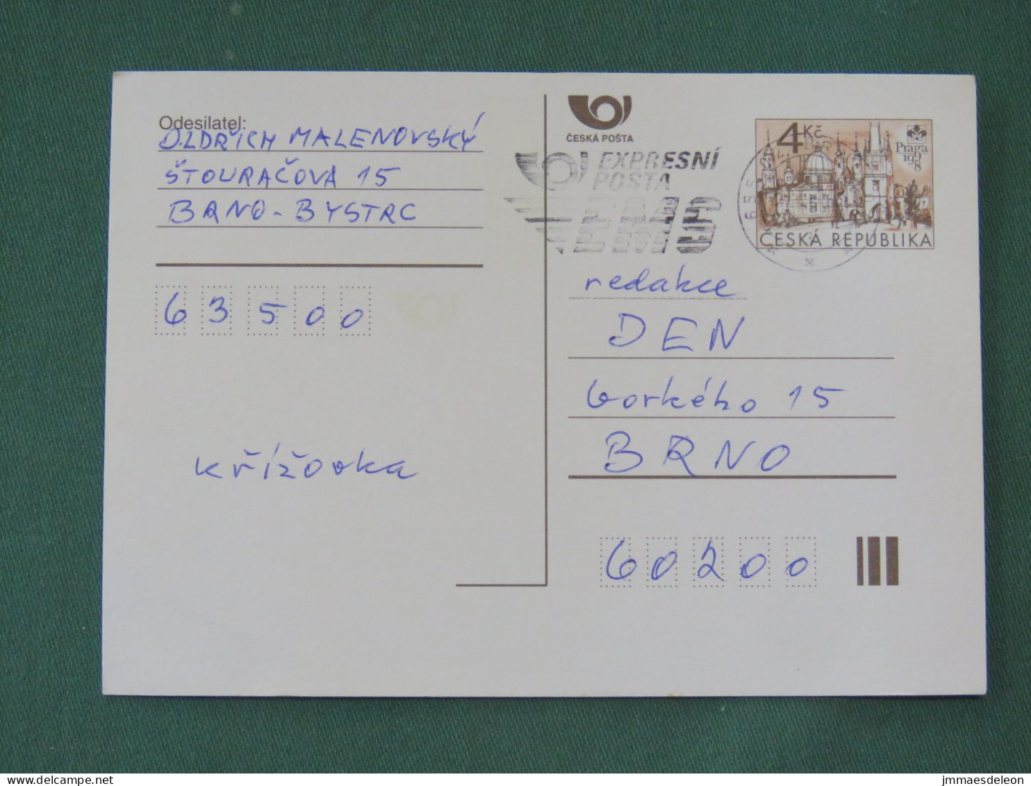 Czech Republic 1997 Stationery Postcard 4 Kcs "Prague 1998" Sent Locally From Brno, EMS Slogan - Briefe U. Dokumente