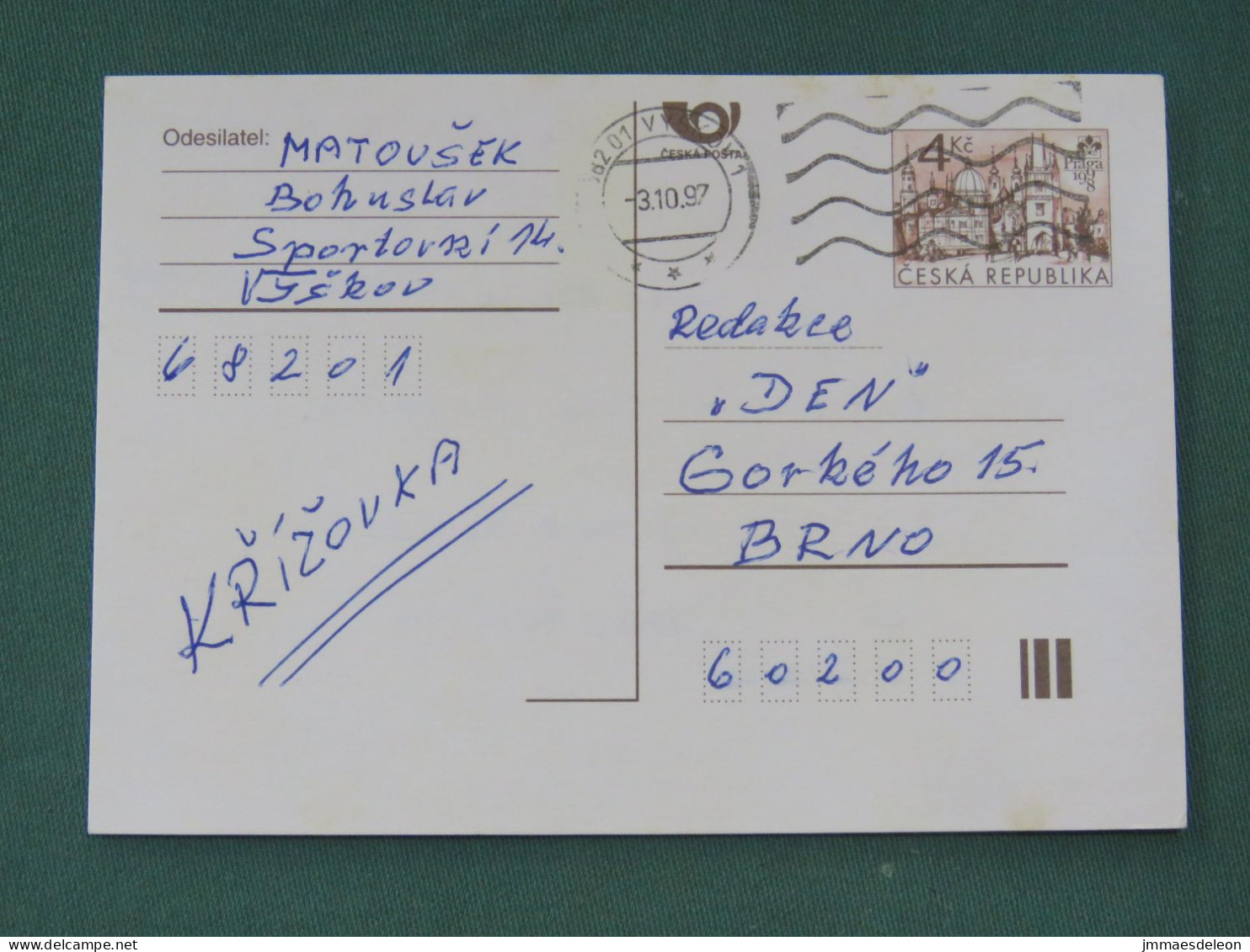 Czech Republic 1997 Stationery Postcard 4 Kcs "Prague 1998" Sent Locally - Covers & Documents