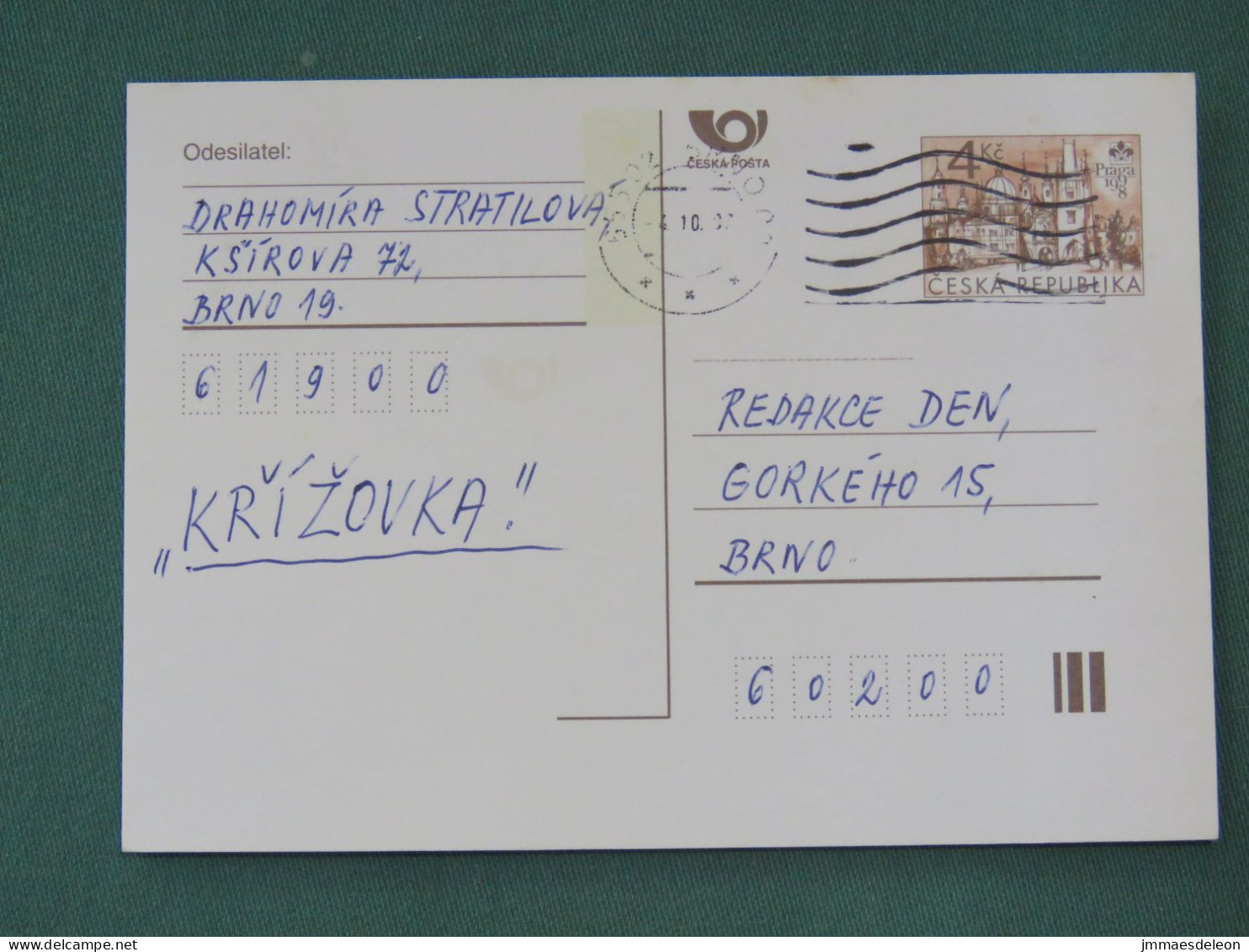 Czech Republic 1997 Stationery Postcard 4 Kcs "Prague 1998" Sent Locally - Brieven En Documenten