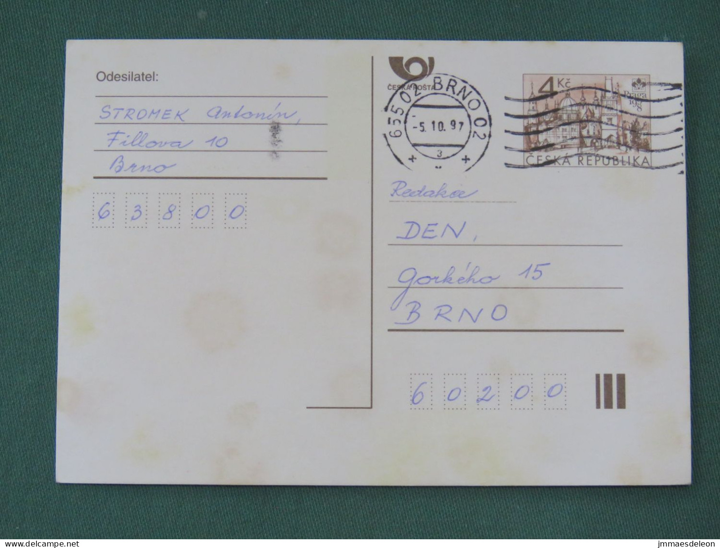 Czech Republic 1997 Stationery Postcard 4 Kcs "Prague 1998" Sent Locally - Briefe U. Dokumente