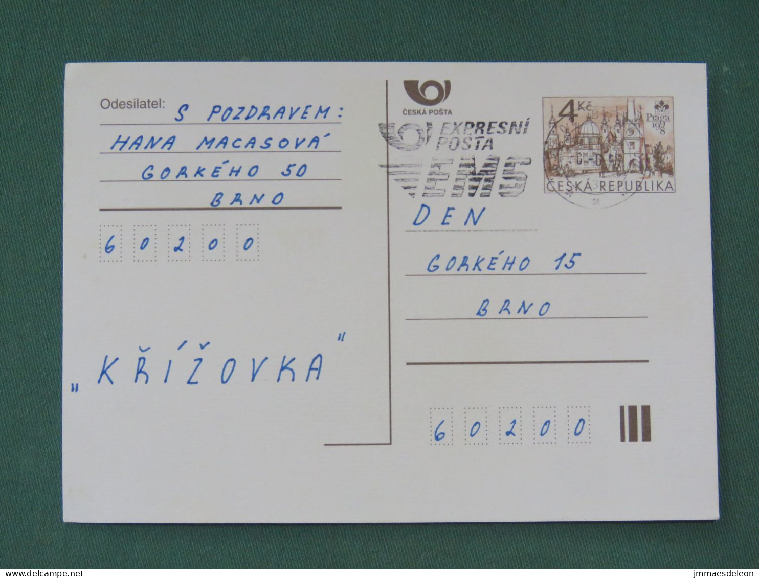 Czech Republic 1997 Stationery Postcard 4 Kcs "Prague 1998" Sent Locally From Brno, EMS Slogan - Cartas & Documentos