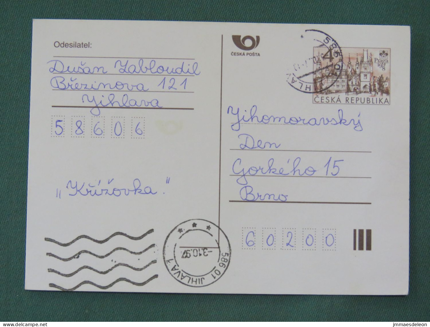 Czech Republic 1997 Stationery Postcard 4 Kcs "Prague 1998" Sent Locally - Briefe U. Dokumente