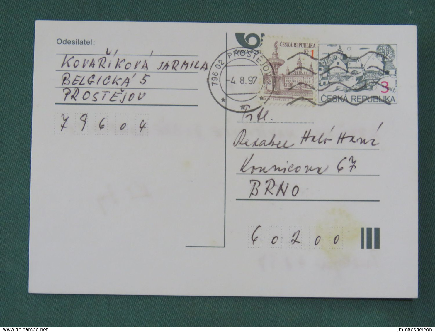 Czech Republic 1997 Stationery Postcard 3 + 1 Kcs Sent Locally - Covers & Documents