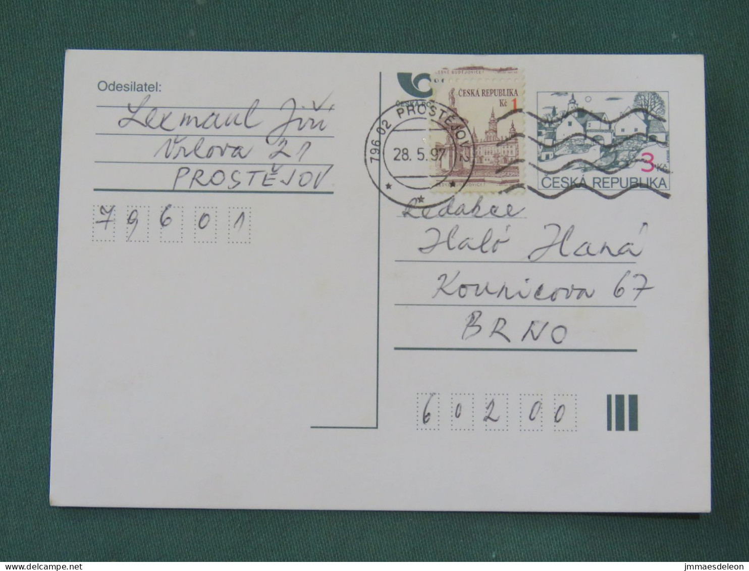 Czech Republic 1997 Stationery Postcard 3 + 1 Kcs Sent Locally - Covers & Documents