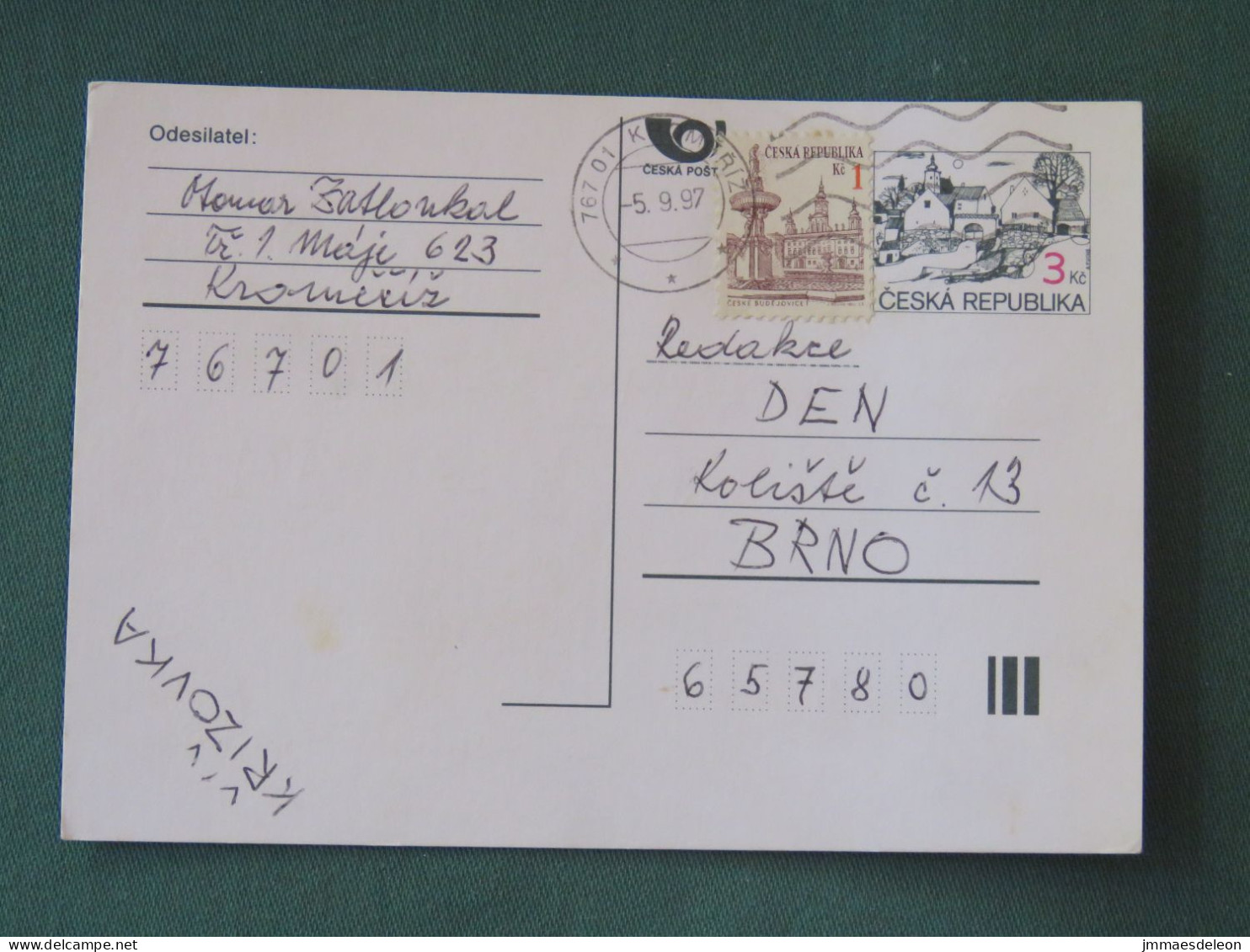 Czech Republic 1997 Stationery Postcard 3 + 1 Kcs Sent Locally - Covers & Documents