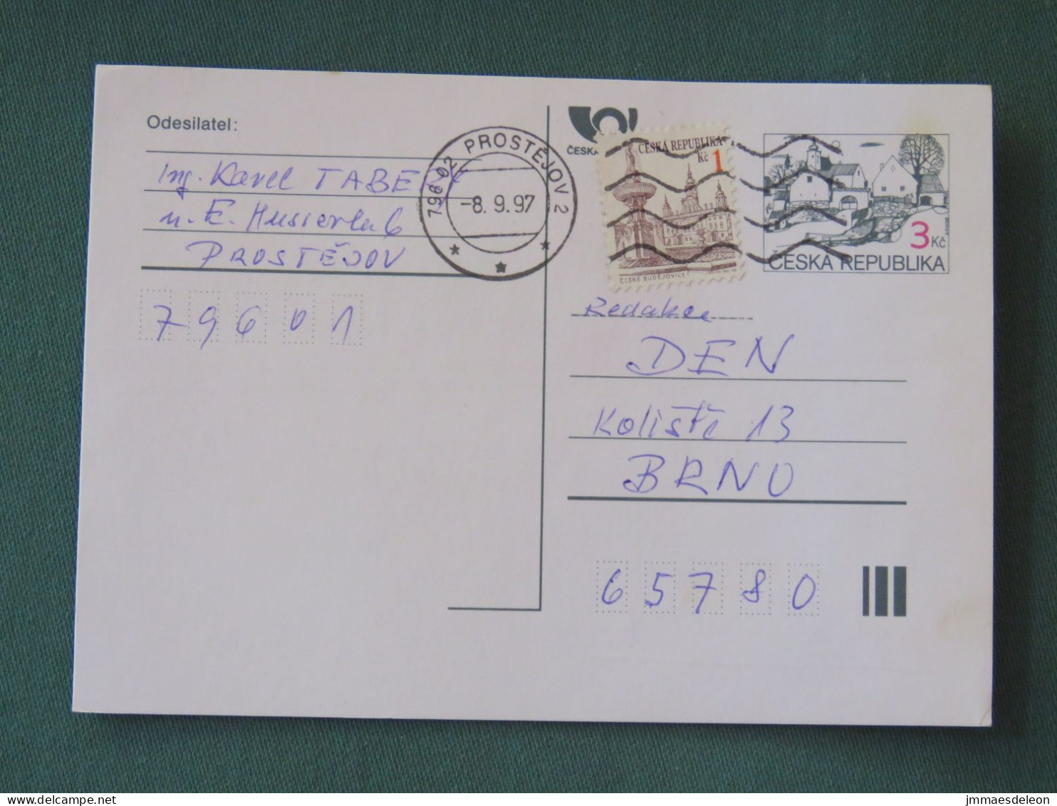 Czech Republic 1997 Stationery Postcard 3 + 1 Kcs Sent Locally - Lettres & Documents