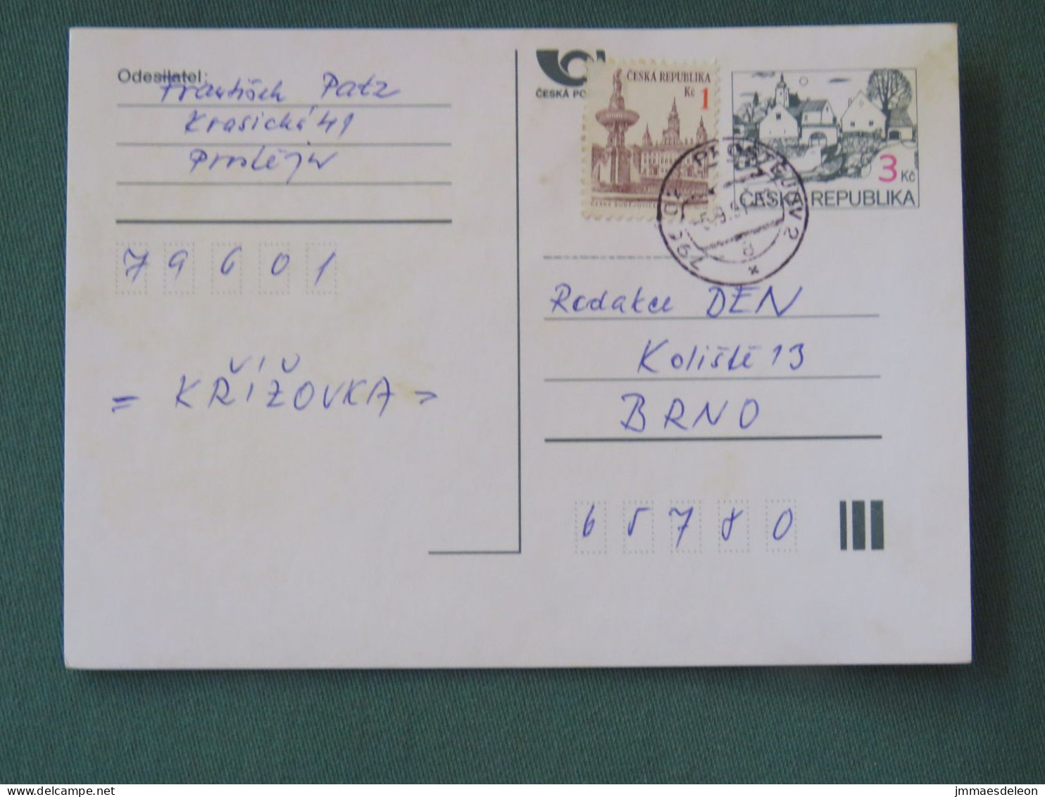 Czech Republic 1997 Stationery Postcard 3 + 1 Kcs Sent Locally - Lettres & Documents