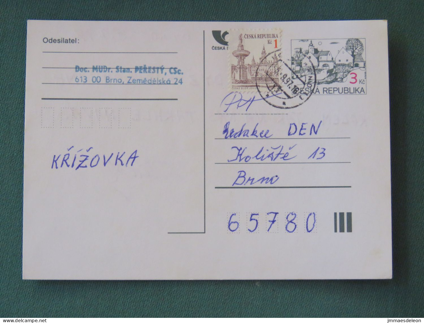 Czech Republic 1997 Stationery Postcard 3 + 1 Kcs Sent Locally - Covers & Documents