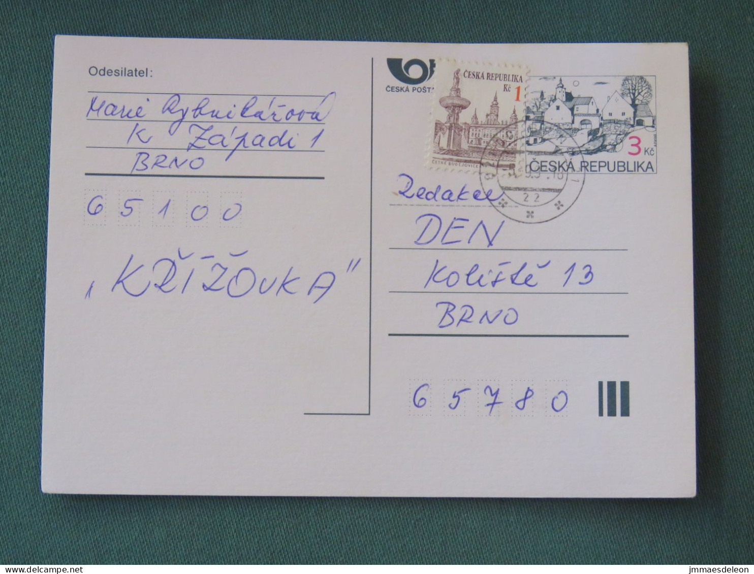 Czech Republic 1997 Stationery Postcard 3 + 1 Kcs Sent Locally - Covers & Documents