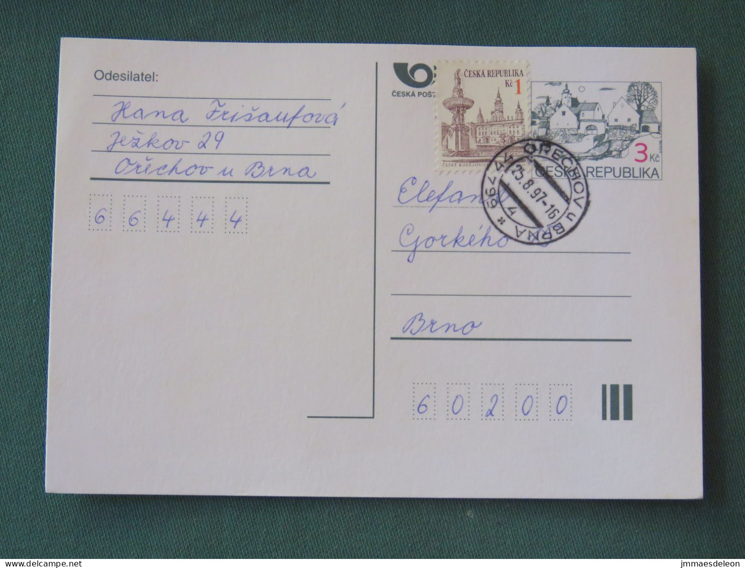 Czech Republic 1997 Stationery Postcard 3 + 1 Kcs Sent Locally - Lettres & Documents