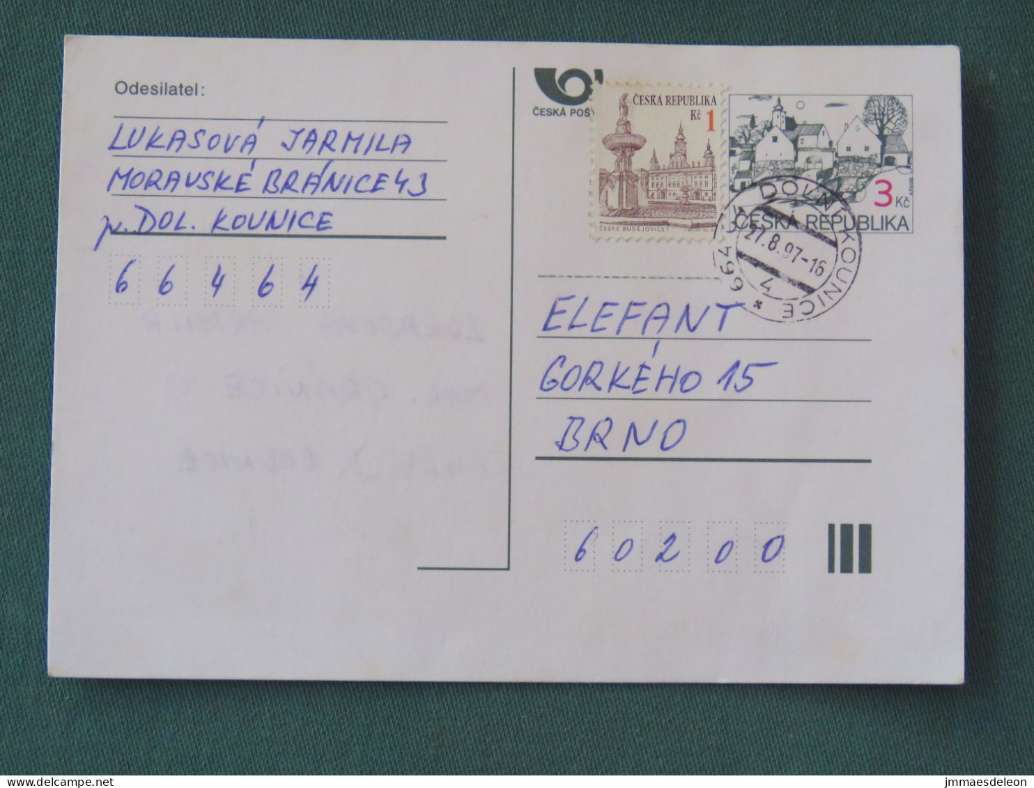 Czech Republic 1997 Stationery Postcard 3 + 1 Kcs Sent Locally - Brieven En Documenten