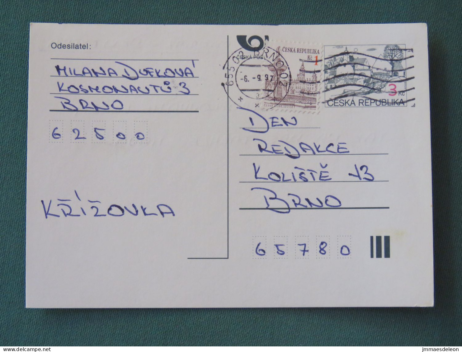 Czech Republic 1997 Stationery Postcard 3 + 1 Kcs Sent Locally - Lettres & Documents