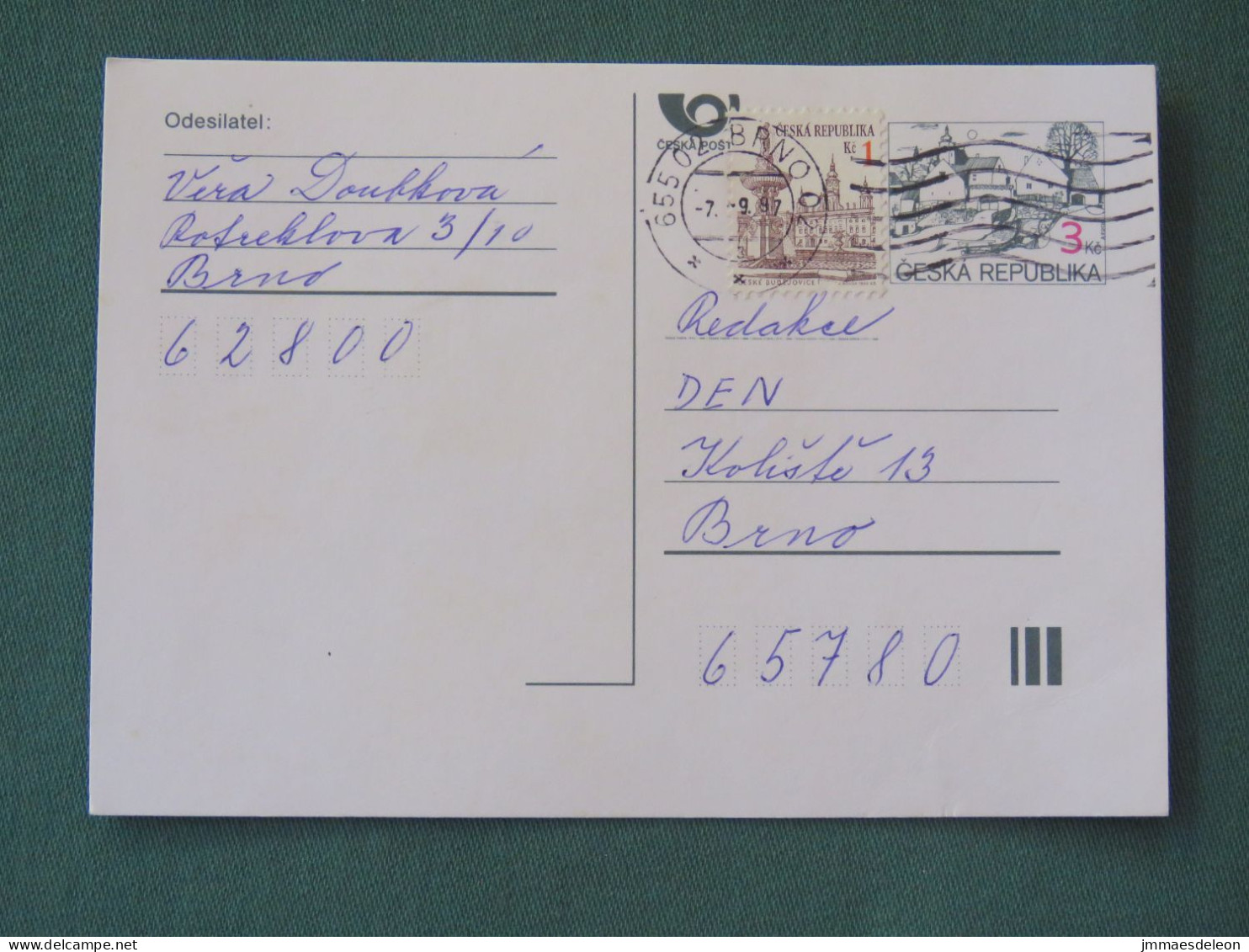 Czech Republic 1997 Stationery Postcard 3 + 1 Kcs Sent Locally - Covers & Documents