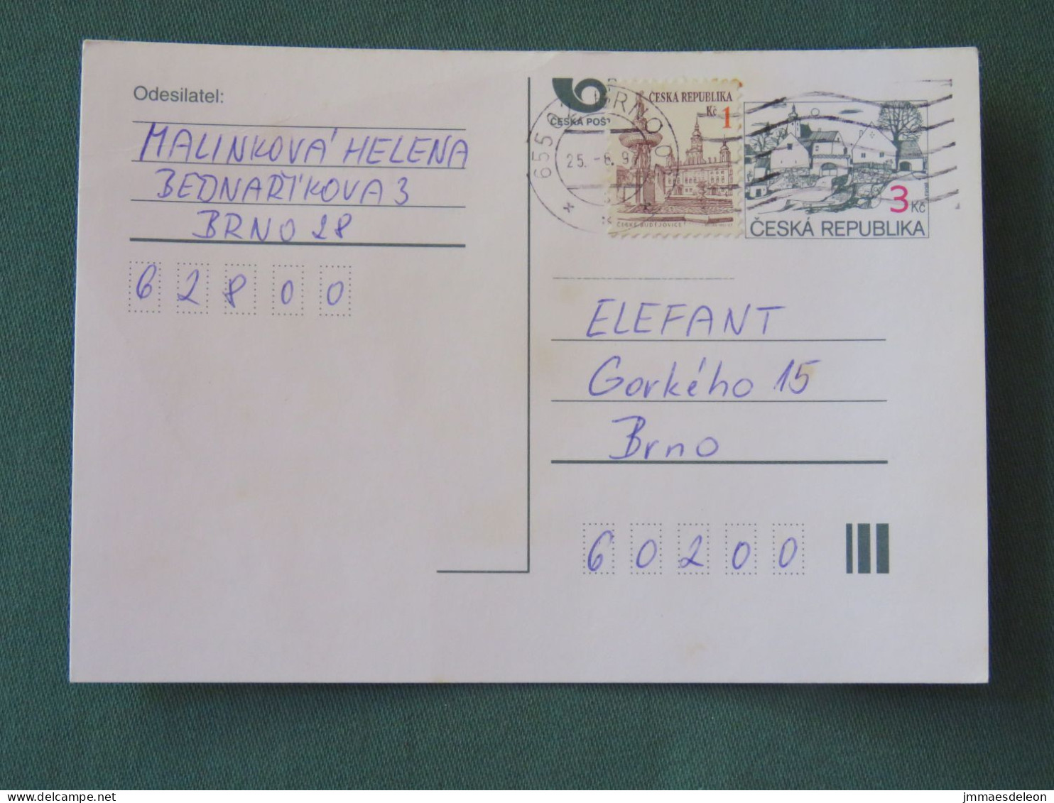 Czech Republic 1997 Stationery Postcard 3 + 1 Kcs Sent Locally - Covers & Documents