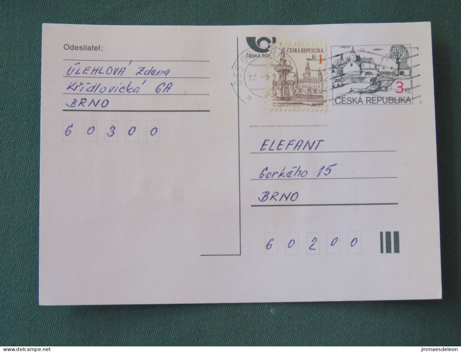 Czech Republic 1997 Stationery Postcard 3 + 1 Kcs Sent Locally - Lettres & Documents