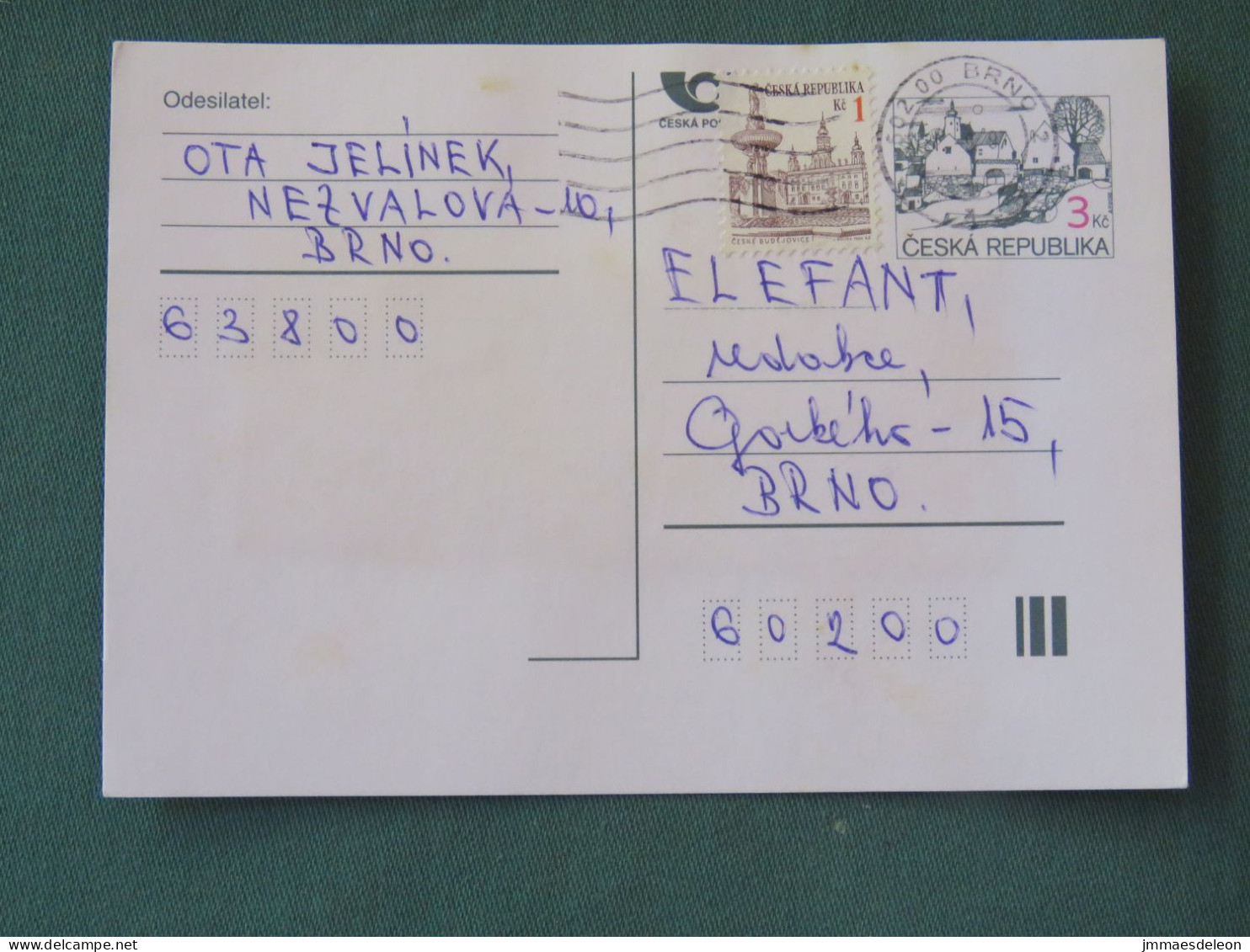 Czech Republic 1997 Stationery Postcard 3 + 1 Kcs Sent Locally - Covers & Documents