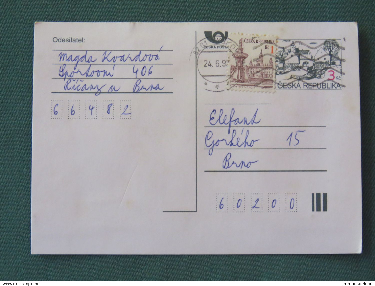 Czech Republic 1997 Stationery Postcard 3 + 1 Kcs Sent Locally - Covers & Documents