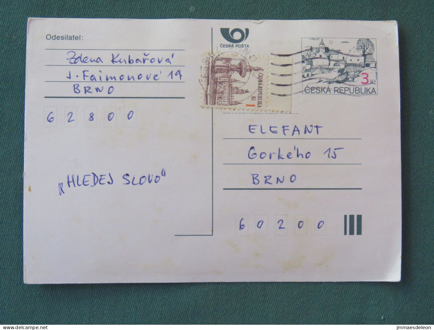 Czech Republic 1997 Stationery Postcard 3 + 1 Kcs Sent Locally - Covers & Documents