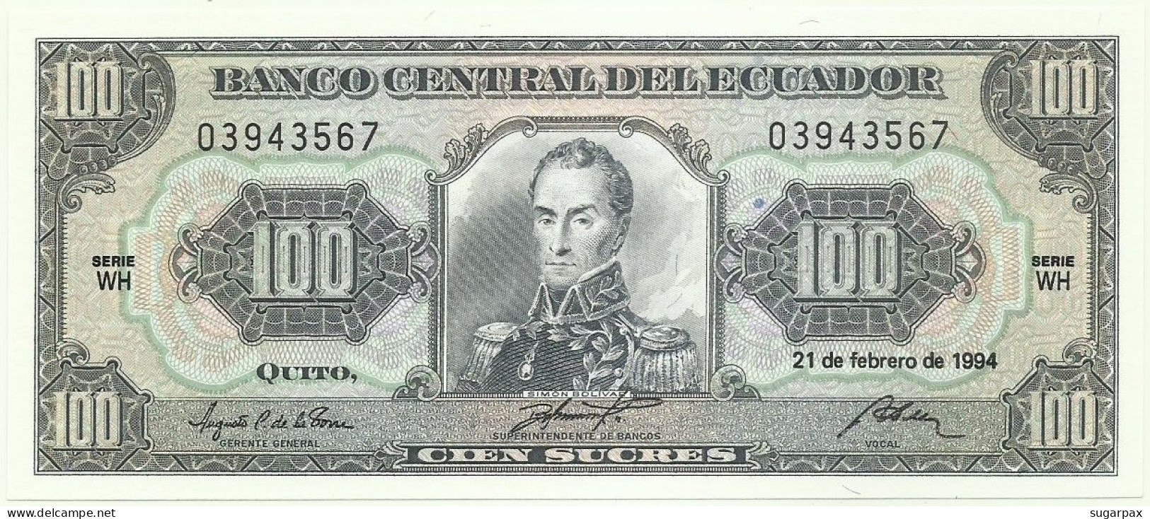 ECUADOR - 100 SUCRES - 21.02.1994 - Pick 123A.c - UNC. - Série WH - Ecuador