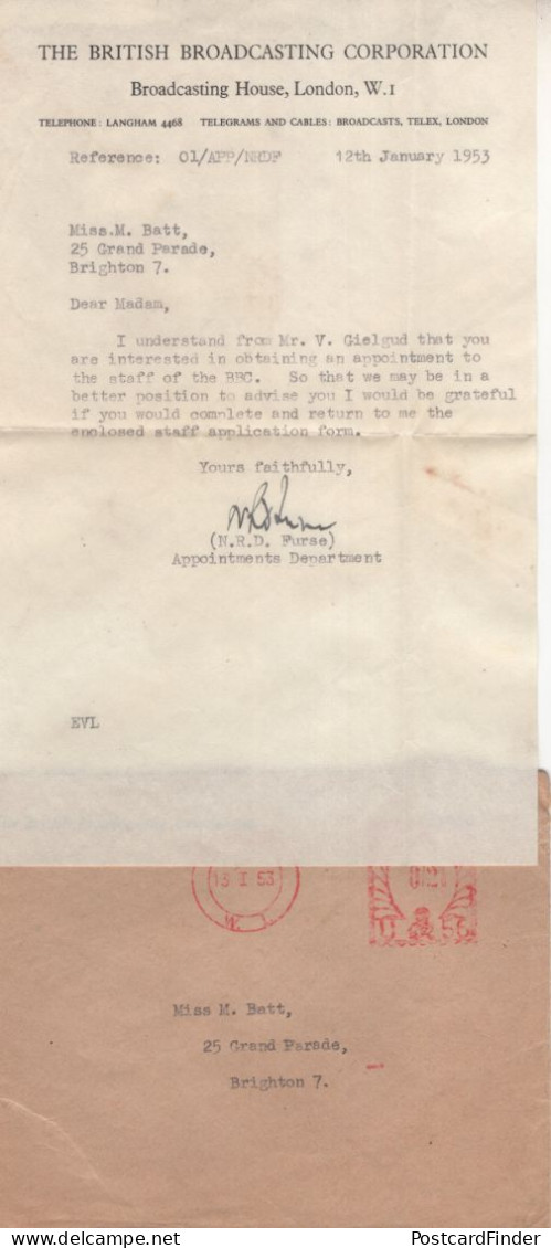 BBC 1953 Job Letter Hand Signed Val Gielgud Secretary - Personnages Historiques