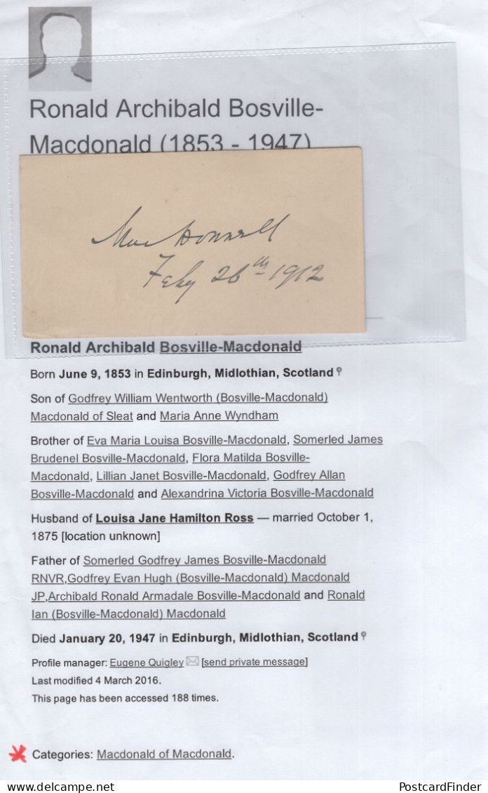 Ronald Archibald Bosville Macdonald Baron Laird Of Sleat Old Autograph - Historical Figures