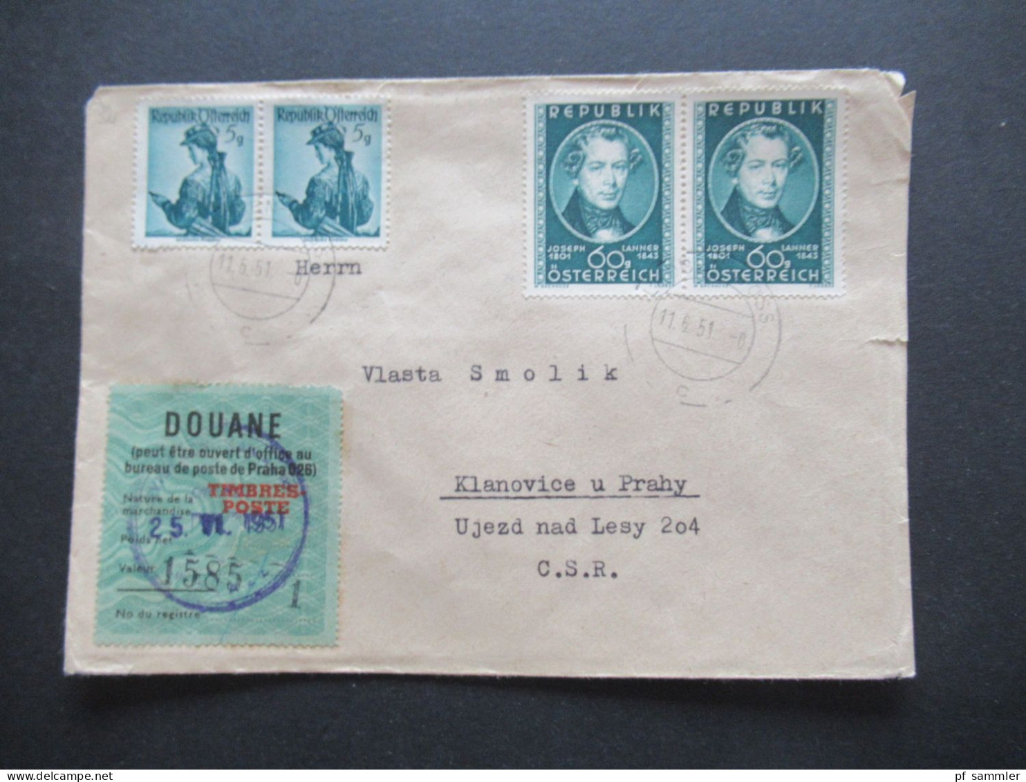 Österreich 1951 Nr.964 (2) MiF Mit Trachten Leoben In Die CSR Mit Fiskalmarke ?! / Douane Timbre Poste Praha - Cartas & Documentos