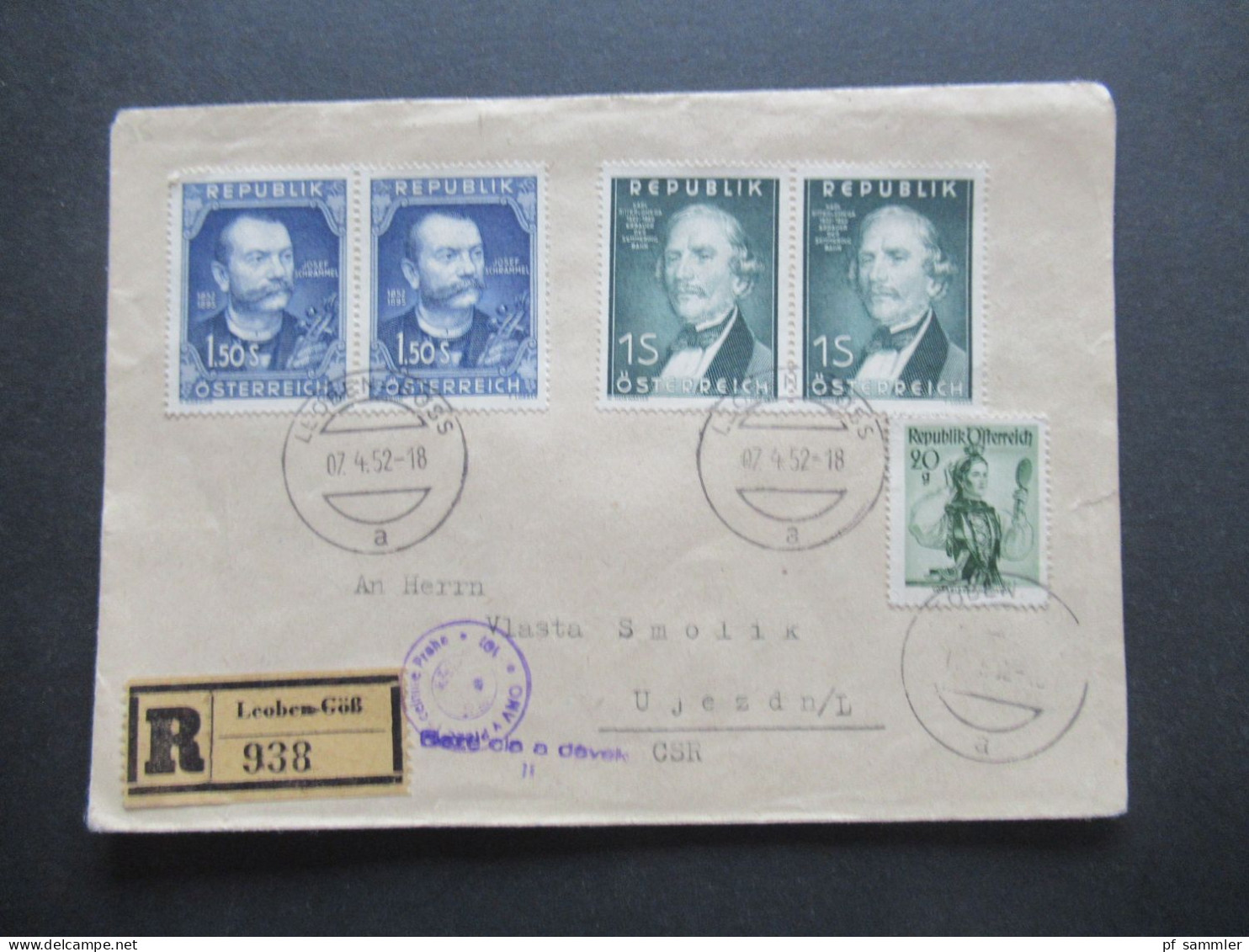 Österreich 1952 Nr.970 (2) U. 971 (2) MiF Leoben Göß In Die CSR Mit Fiskalmarke / Douane Timbre Poste Praha / Zensur ?! - Brieven En Documenten