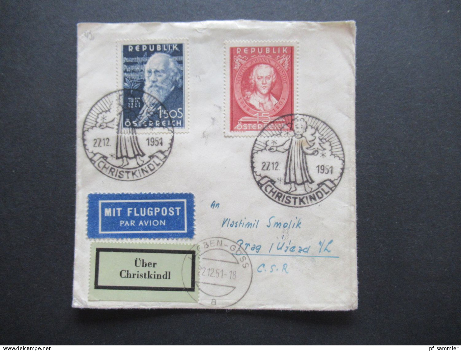 RRR Österreich 1951 Luftpost Leitzettel über Christkindl SSt Christkindl 27.12.1951 Und Tagesstempel Leoben Göss - CSR - Covers & Documents