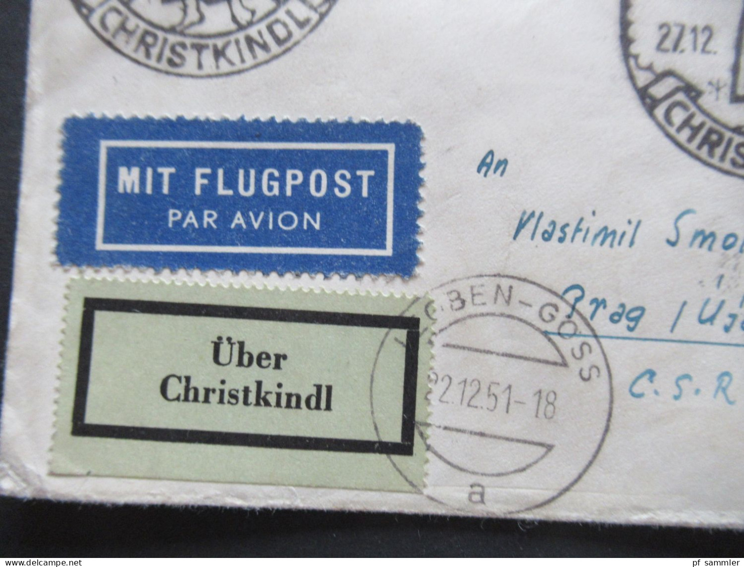 RRR Österreich 1951 Luftpost Leitzettel über Christkindl SSt Christkindl 27.12.1951 Und Tagesstempel Leoben Göss - CSR - Briefe U. Dokumente