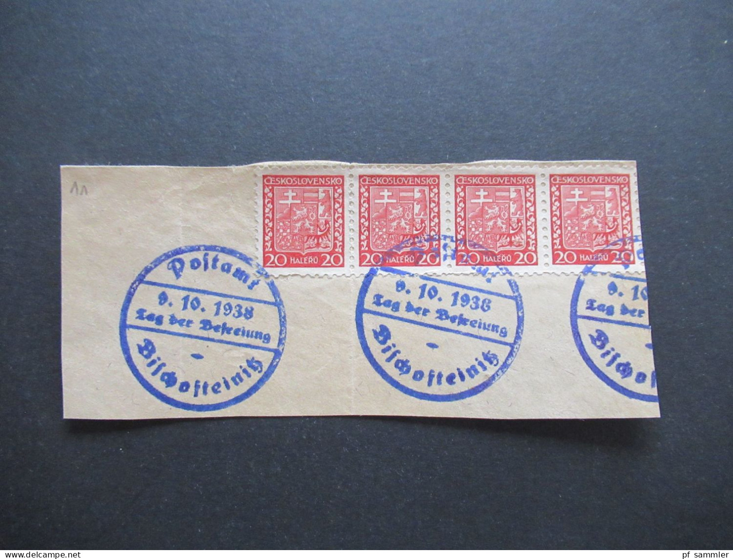 3.Reich Sudetenland Briefstück Mit Befreiungsstempel Postamt Bischofteinitz Sudetenland Tag Der Befreiung 9.10.1938 - Région Des Sudètes