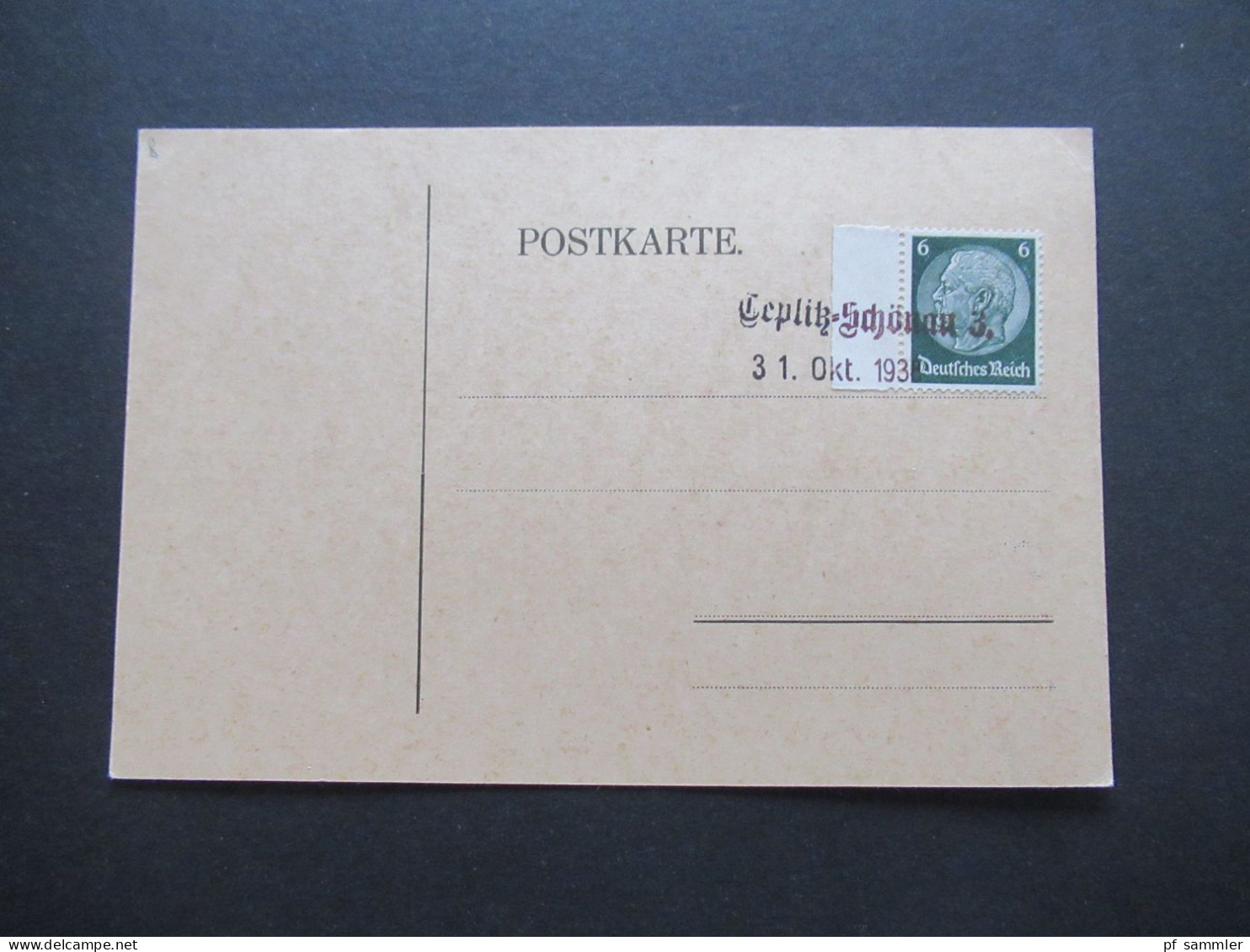 3.Reich Sudetenland Befreiungsstempel / Stempel L2 Teplitz - Schönau 3 31. Okt. 1938 Blanko PK Hindenburg Randstück - Sudetenland