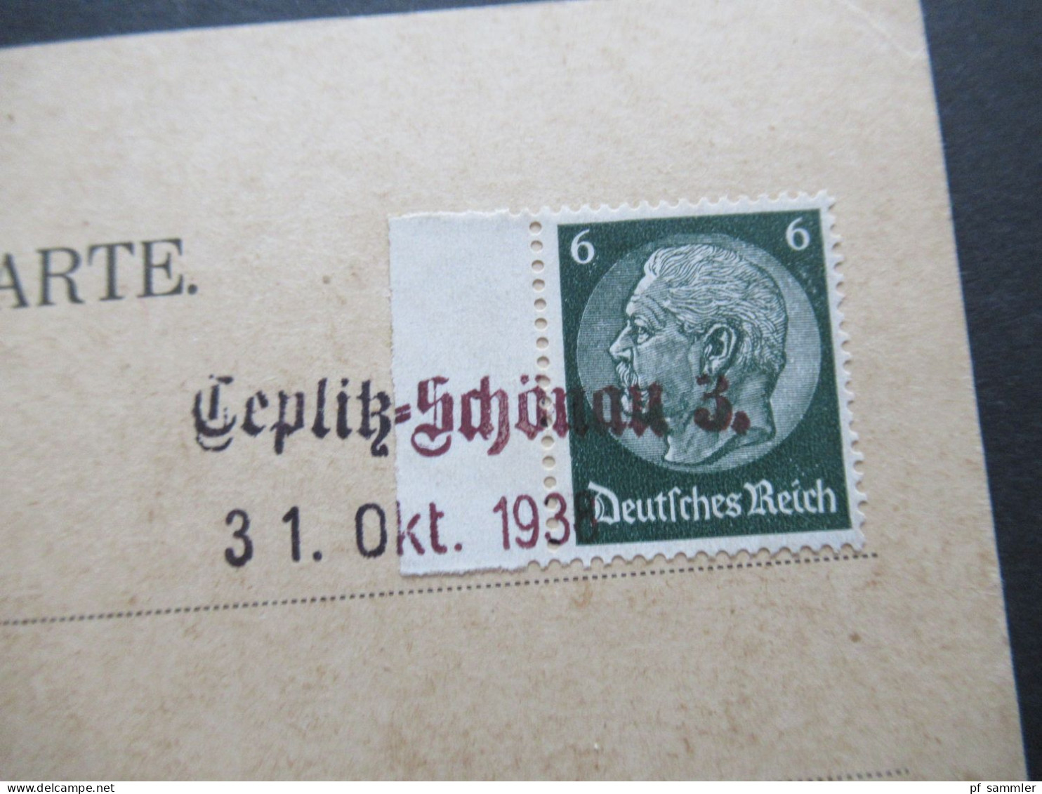 3.Reich Sudetenland Befreiungsstempel / Stempel L2 Teplitz - Schönau 3 31. Okt. 1938 Blanko PK Hindenburg Randstück - Sudetenland