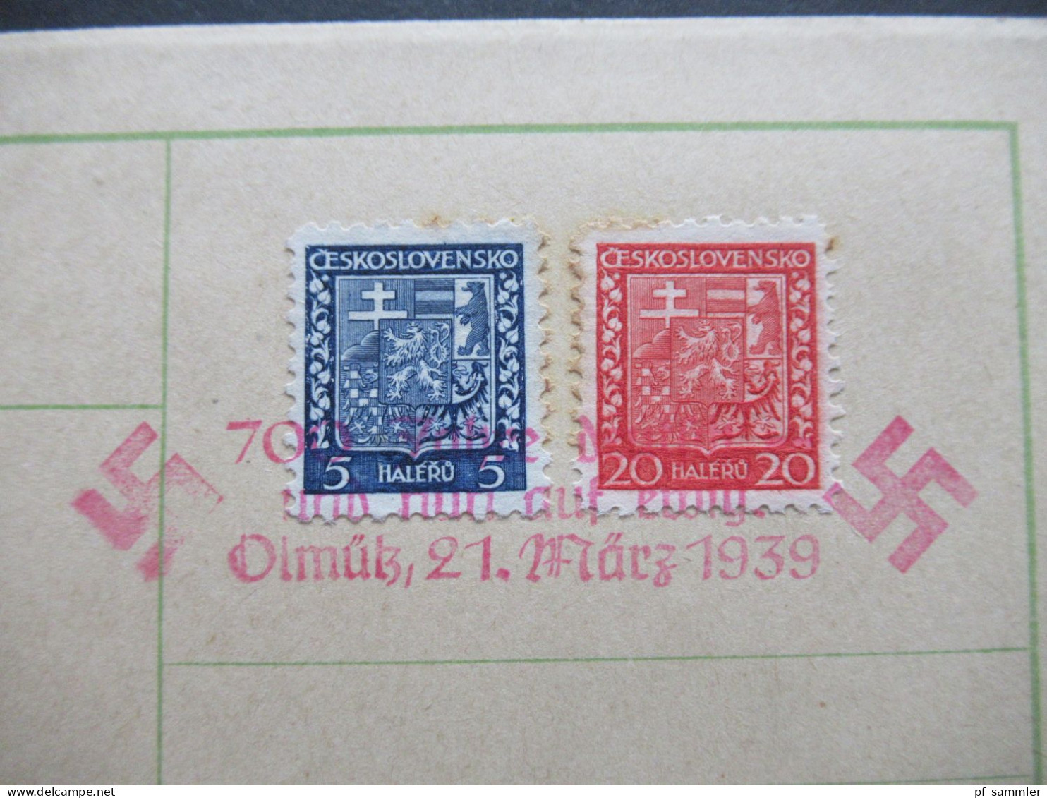 3.Reich Propaganda Sudetenland Befreiungsstempel / Roter Stempel Olmütz 21. März 1939 700 Jahre Deutsch Und Nun Auf Ewig - Région Des Sudètes