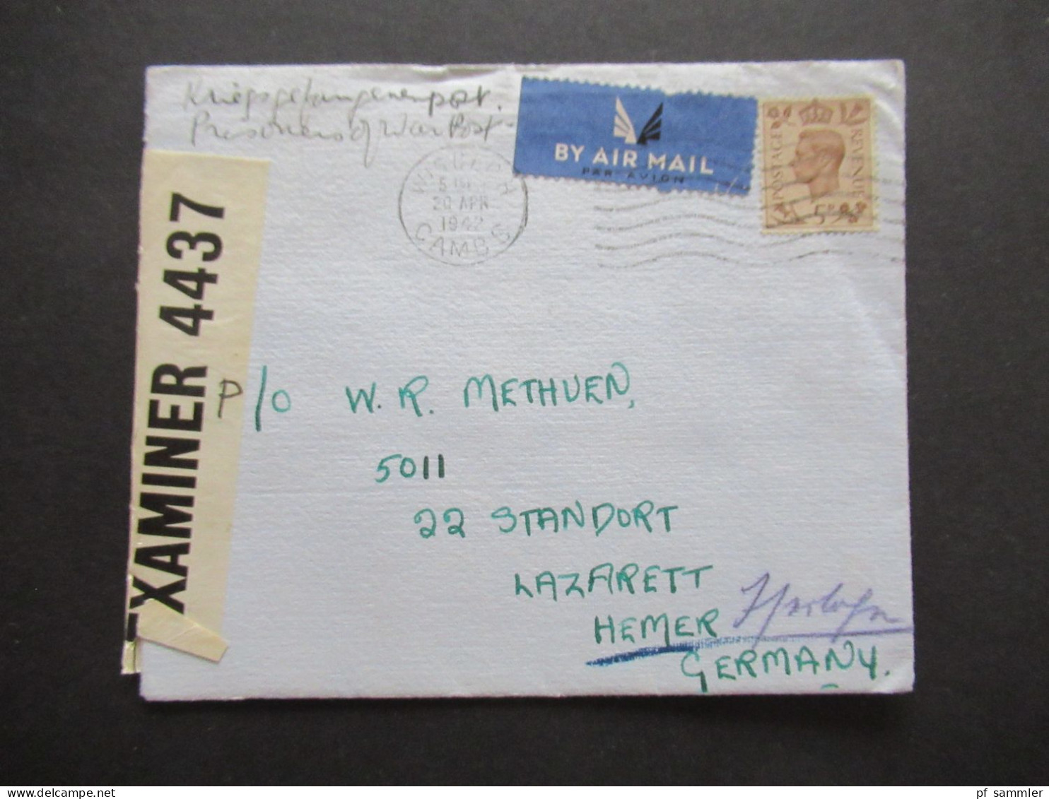 GB 1942 POW Kriegsgefangenenpost Mit Zensurstreifen Opened By Examiner 4437 Wisbech Cambs - Hemer Lazarett - Storia Postale