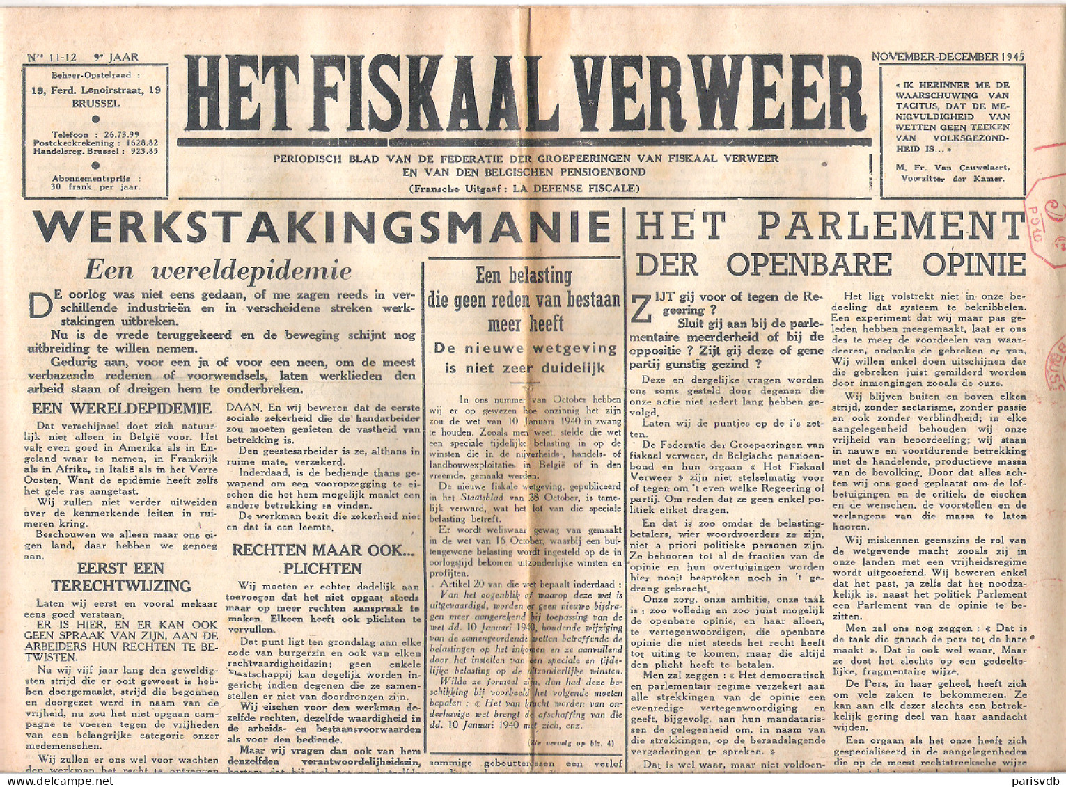KRANT "HET FISKAAL VERWEER"  - Dd. NOVEMBER - DECEMBER 1945  (OD 438) - Otros & Sin Clasificación