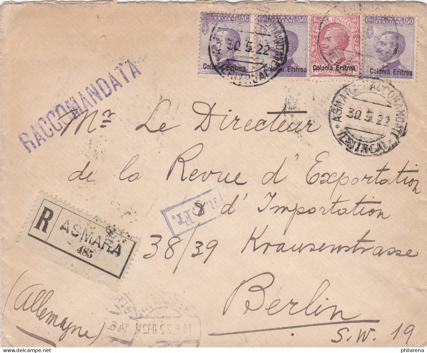 1922: Registered Letter From Asmara-Eritrea To Berlin (Italy) - Erythrée