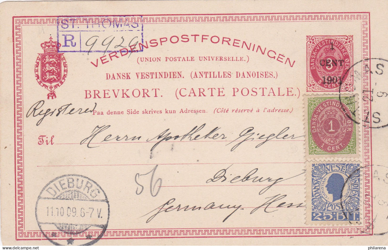 1909: Dansk-Vestinidisch To Germany, Registered St. Thomas - Puerto Rico