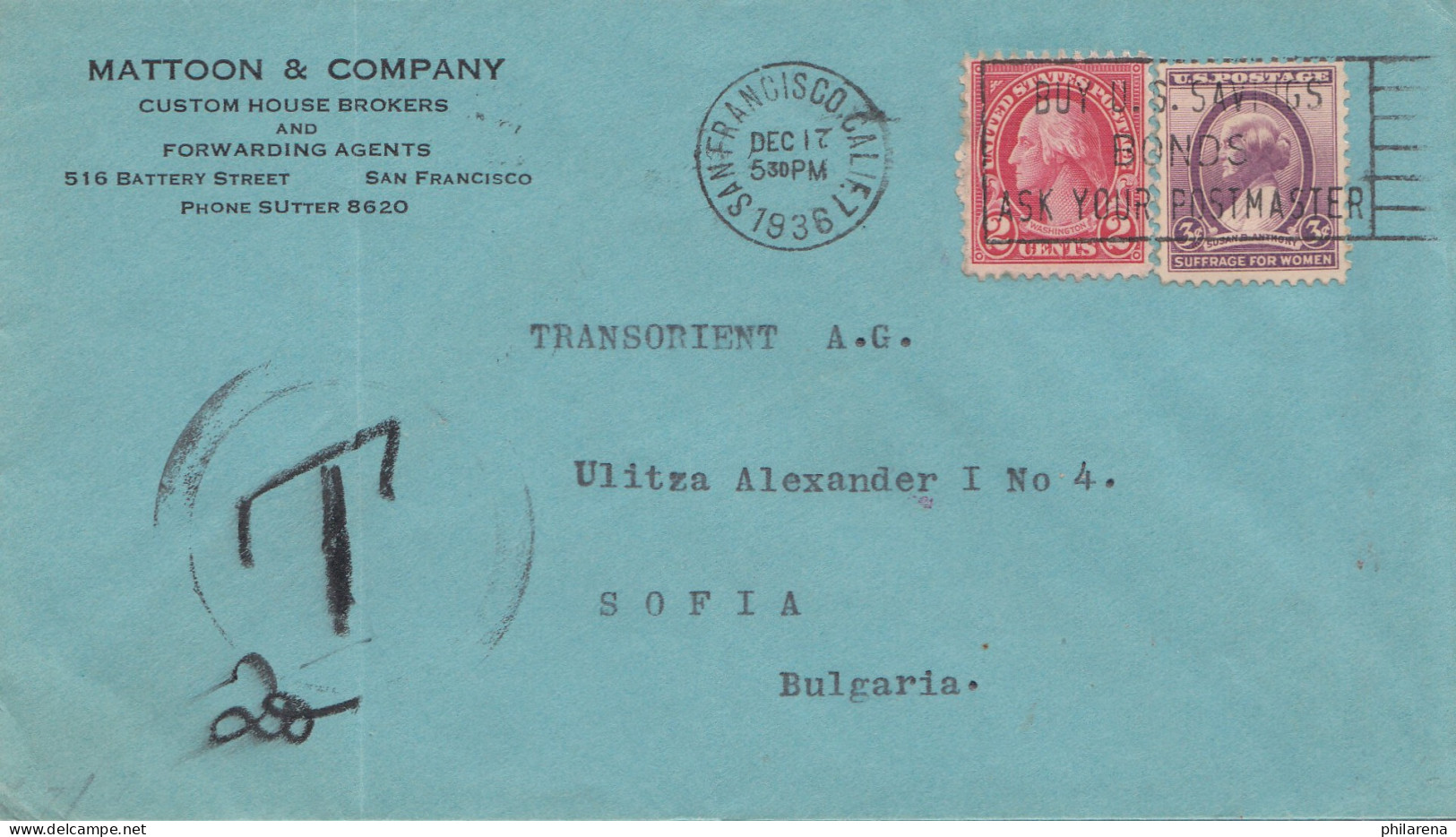 Bulgarien 1936: Brief Von USA Nach Sofia/Tax, USA-Vignette Holiday Greetings - Sonstige & Ohne Zuordnung