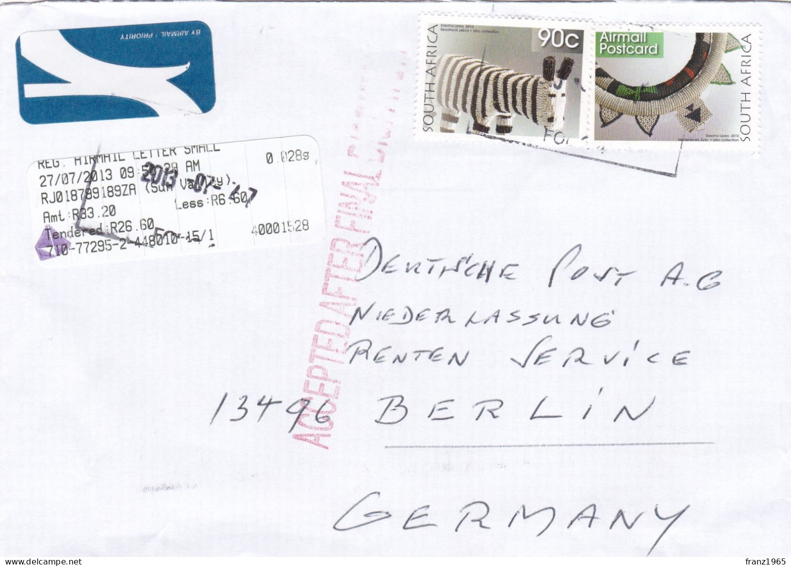 From South Africa To Germany - 2013 - Cartas & Documentos