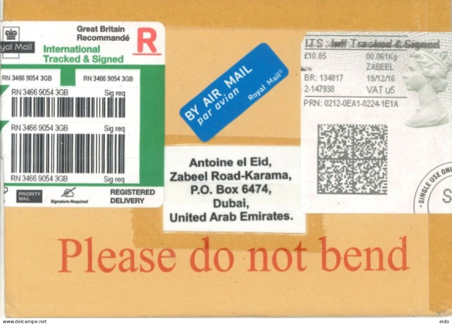 GREAT BRITAIN. - 2016, REGISTERED POSTAGE PAID LABEL HARDBOARD COVER TO DUBAI. - Cartas & Documentos