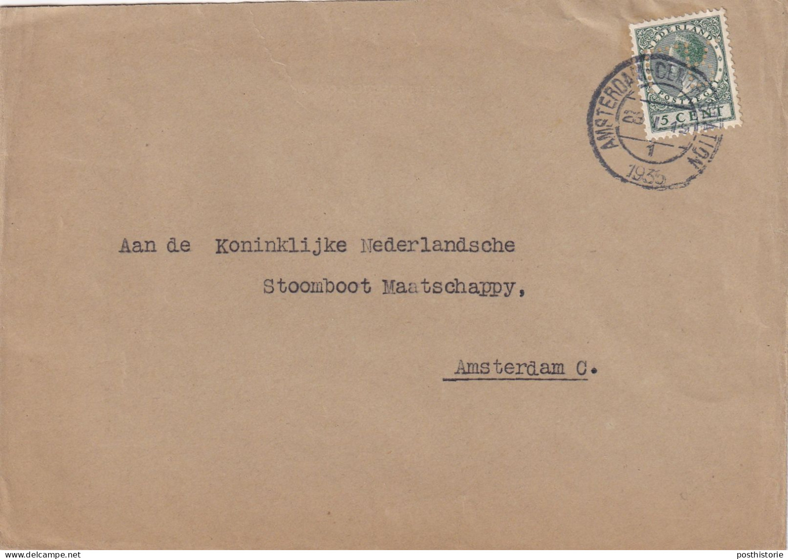 Envelop PERFIN  L.R.   23 Feb 1935 Amsterdam Centraal Station - Perforés