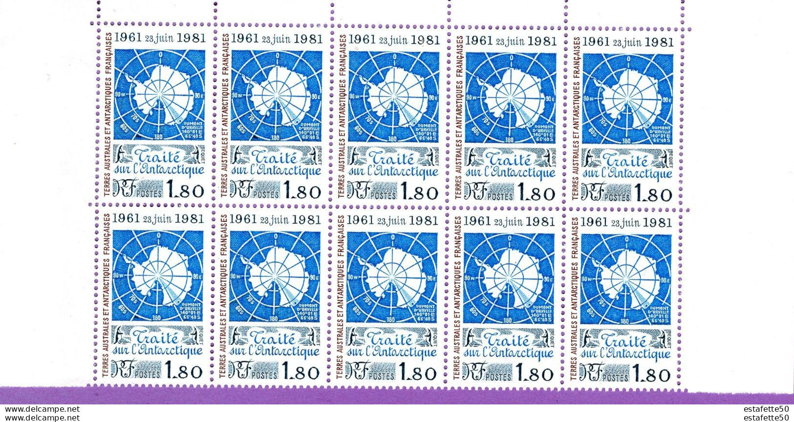 TAAF; 1980; Bloc De 10  TP N° 91 ; " 20ème Anniversaire Du Traité Sur L'Antartique " ;NEUFS**;MNH - Collezioni & Lotti