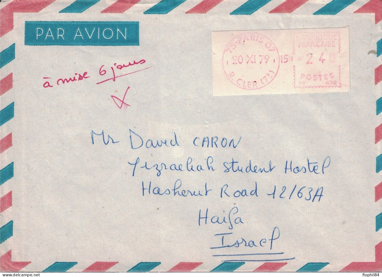 PARIS - 07 - R.CLER - TIMBRE DE DISTRIBUTEUR A 2F40 SUR LETTRE POUR HAIFA - ISRAEL - LE 20-11-1979. - Lettres & Documents